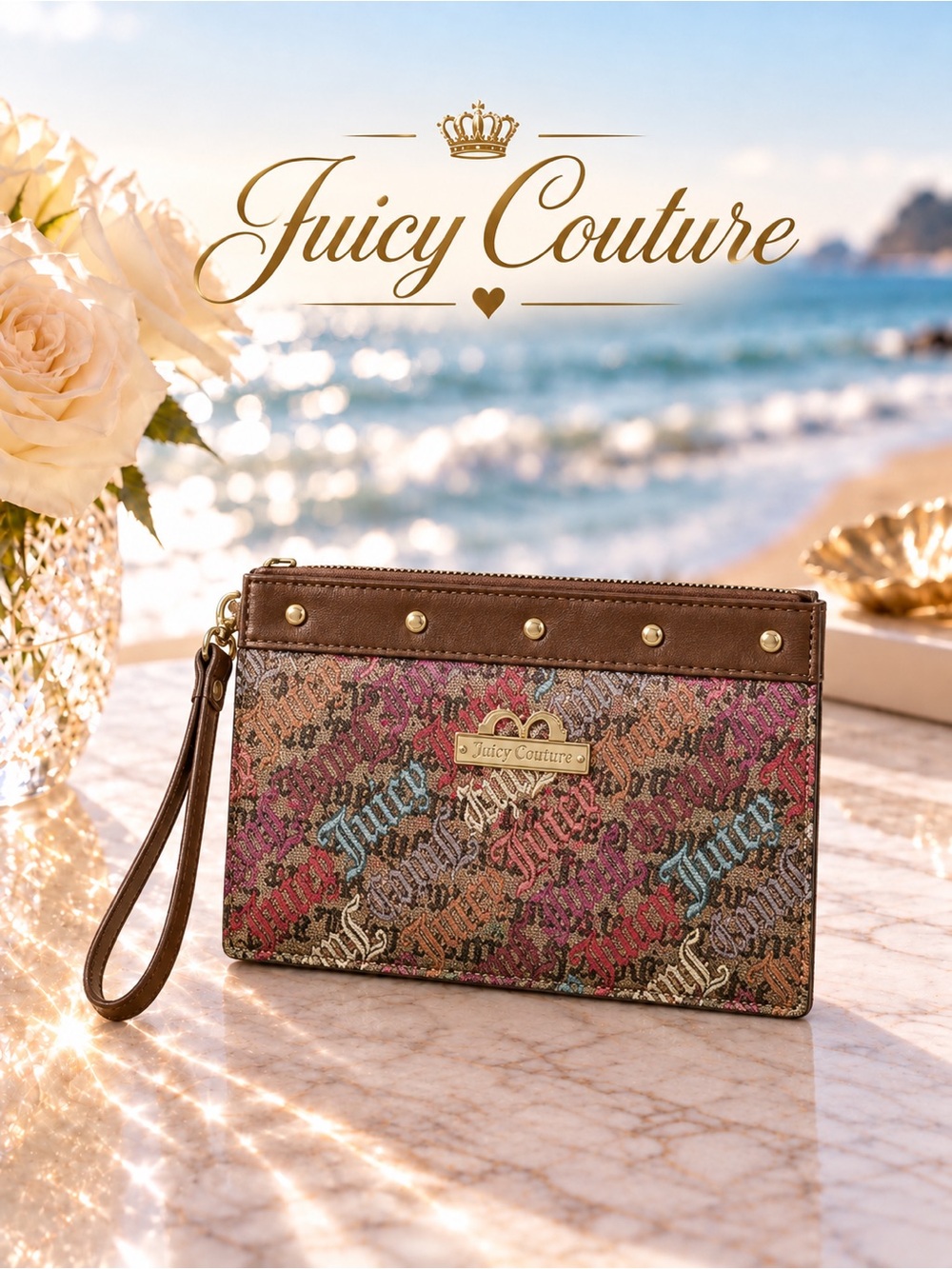 Juicy Couture Multicolor Signature Print Wristlet with Brown Trim